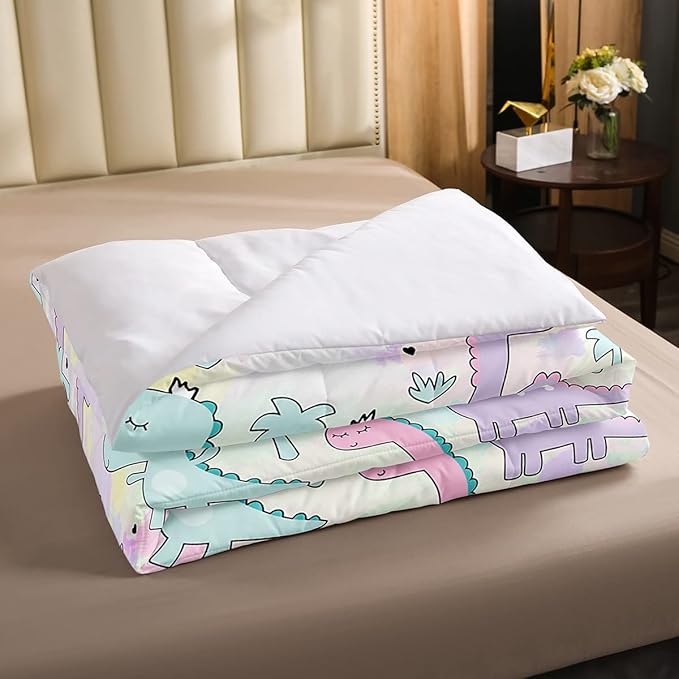 Erosebridal Dinosaur Comforter Set Full Size, Kawaii Dinosaur Bedding Sets for Kids Girls Boys Gift Bedroom Decor, Cartoon Cute Animals Duvet Set,Palm Leaf Down Comforter, Green Purple Pink - LeafyLoom