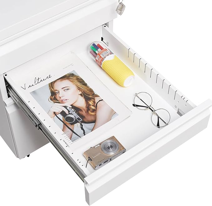 3-Drawer Mobile Lock and 5 Casters,Pre-Assembled Metal Office Storage Filing Cabinets w/ 1 Removable Hanging Rods,for Legal/Letter Size,White - LeafyLoom