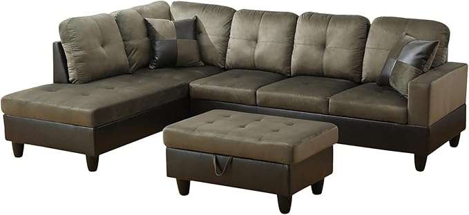 ROOMTEC 3 Piece L Shaped Sectional Sofa Set with Storage Ottoman, Left Facing Chaise Longue, Reversible Backrest w/ 2 Cup Holders, Flannel Tufted Cushions, for Living Room, Taupe - LeafyLoom