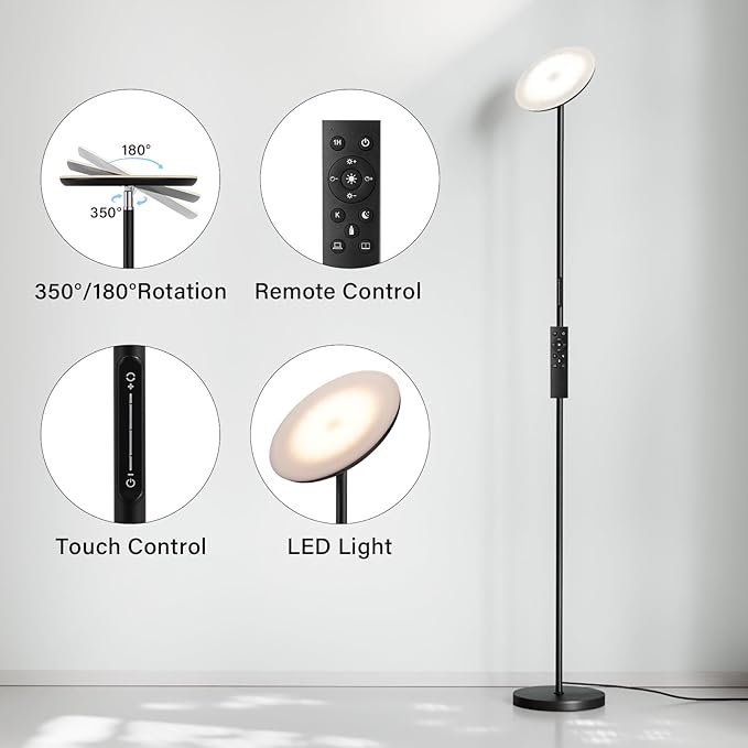 Modern LED Floor Lamp - Remote & Touch Control, 40W/2400LM Sky Torchiere Standing Lamp, Fully Dimmable, 3 Color Temperatures, Ideal for Living Room & Bedroom, Easy to Assemble - LeafyLoom