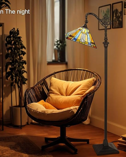 Capulina Tiffany Floor Lamp H62 Tall Antique Mission Style Stained Glass Soft Light Arched Gooseneck Adjustable Angle Reading Lamp for Living Room Bedroom - LeafyLoom