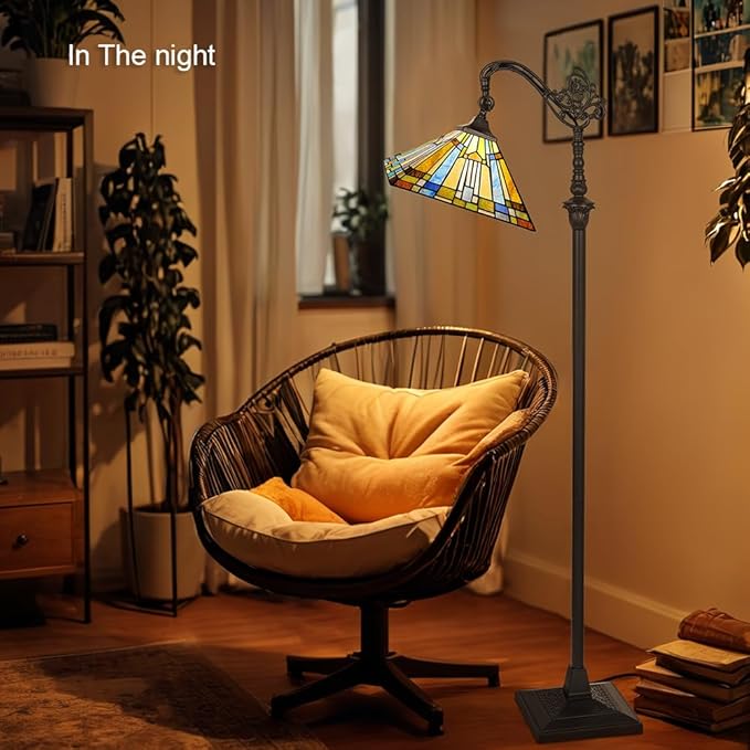 Capulina Tiffany Floor Lamp H62 Tall Antique Mission Style Stained Glass Soft Light Arched Gooseneck Adjustable Angle Reading Lamp for Living Room Bedroom - LeafyLoom