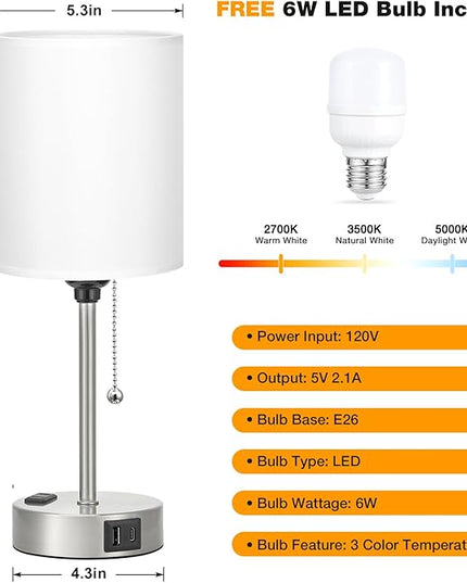 Dicoool White Bedside Lamp for Bedroom - 3 Color Temperatures Desk Lamp with USB C and A Ports, Pull Chain Table Lamp with AC Outlet, Nightstand Lamp with Silver Metal Base for Kids Girls - LeafyLoom