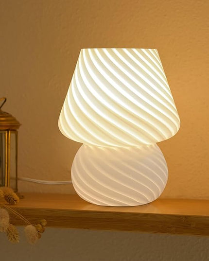 Mushroom Lamp-Small Bedside Table Lamp with Striped Glass, Nightstand Lamp for Bedroom, Living Room, 3000K E26 Bulb Included(White) - LeafyLoom