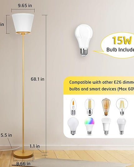 Gold Floor Lamp for Living Room, Standing Lamp for Bedroom Office, 3 Color Temperatures Tall Floor Lamp Reading Floor Lamp with White Fabric Shape. 15W Bulb Included. - LeafyLoom