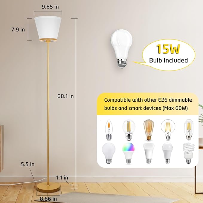 Gold Floor Lamp for Living Room, Standing Lamp for Bedroom Office, 3 Color Temperatures Tall Floor Lamp Reading Floor Lamp with White Fabric Shape. 15W Bulb Included. - LeafyLoom