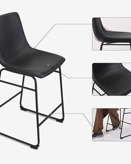 Bar Stools Set of 2, 26 Inches Bar Stool with Back, Carbon Fiber Bar Chair with Metal Legs (Black) - LeafyLoom