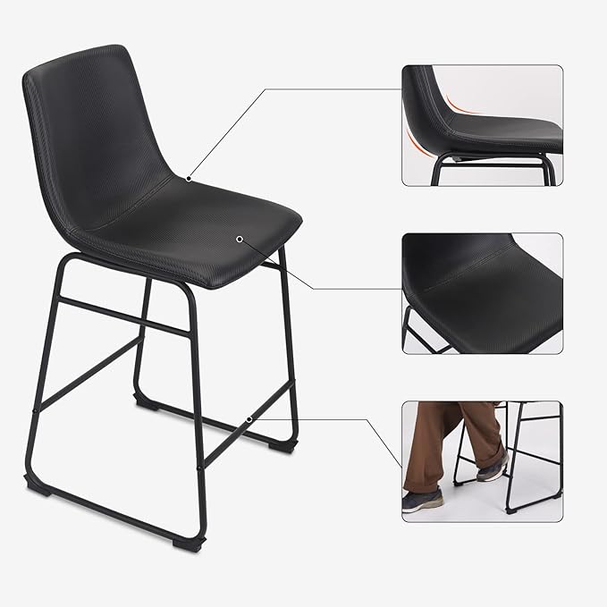 Bar Stools Set of 2, 26 Inches Bar Stool with Back, Carbon Fiber Bar Chair with Metal Legs (Black) - LeafyLoom