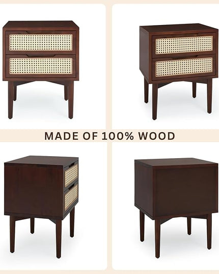 Bme Nightstand Oliver Solid Wood Rattan Side End Table, Fully Assembled, for Bohemian & Mid Century Style Bedroom and Living Room, Walnut - LeafyLoom