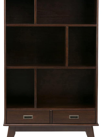 SIMPLIHOME Draper SOLID HARDWOOD 35 Inch Mid Century Modern Wide Bookcase and Storage Unit in Medium Auburn Brown, For the Living Room, Study Room and Office - LeafyLoom