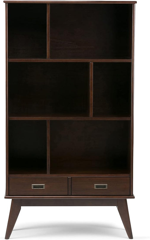 SIMPLIHOME Draper SOLID HARDWOOD 35 Inch Mid Century Modern Wide Bookcase and Storage Unit in Medium Auburn Brown, For the Living Room, Study Room and Office - LeafyLoom
