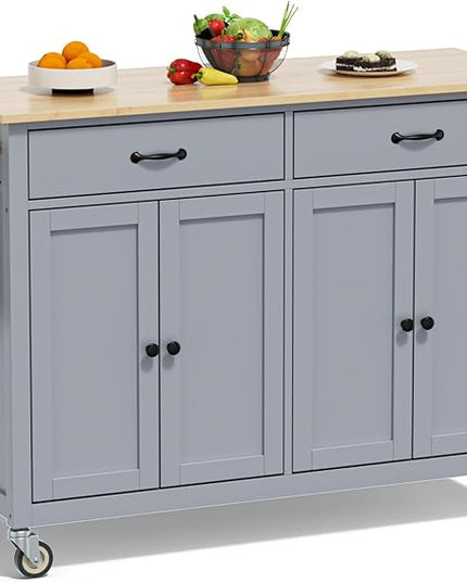 Large Kitchen Island On Wheels with Storage 54in Width Mobile Moveable Portable Rolling Wood Island for Kitchen Dining Room with Drawers Cabinet Spice Rack Towel Rack - LeafyLoom