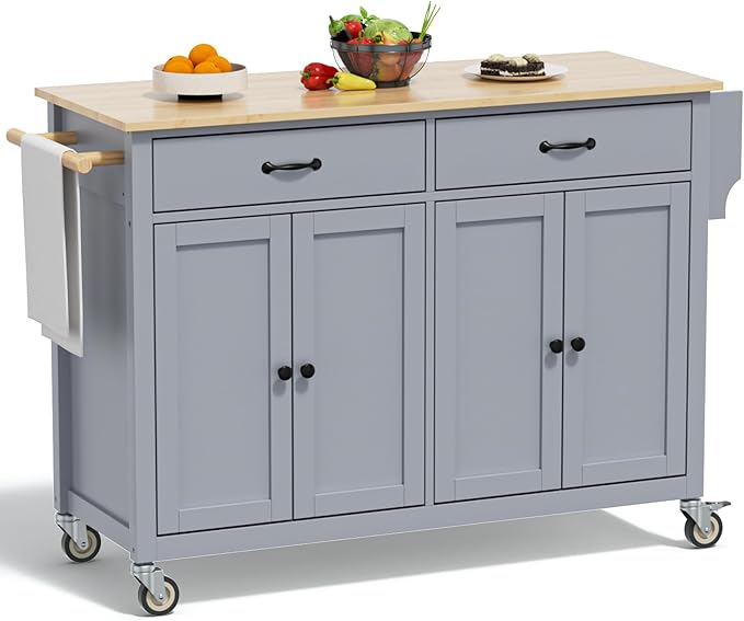 Large Kitchen Island On Wheels with Storage 54in Width Mobile Moveable Portable Rolling Wood Island for Kitchen Dining Room with Drawers Cabinet Spice Rack Towel Rack - LeafyLoom