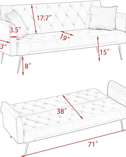 Convertible Folding Futon Sofa Bed Sleeper Lounge Couch,Small Velvet Upholstered Recliner Loveseat Daybed with Adjustable Backrest and Golden Metal Legs Space-Saving Sofabed for Living Room Office - LeafyLoom