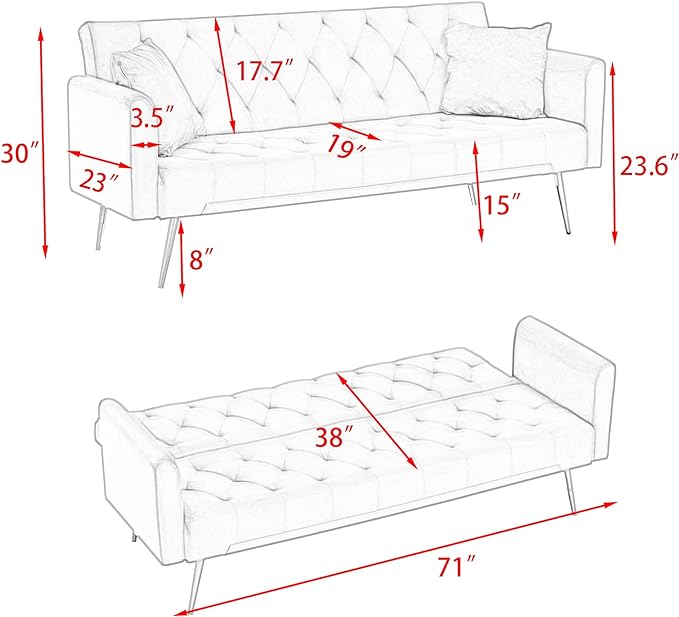 Convertible Folding Futon Sofa Bed Sleeper Lounge Couch,Small Velvet Upholstered Recliner Loveseat Daybed with Adjustable Backrest and Golden Metal Legs Space-Saving Sofabed for Living Room Office - LeafyLoom