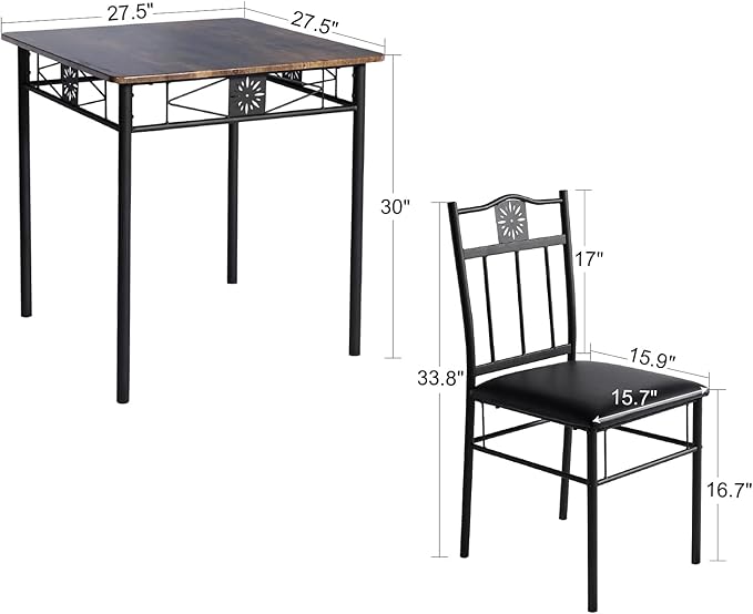 VECELO 3-Piece Dining Room Wooden Kitchen Table and Pu Cushion Chair Sets for Small Space, Retro Brown - LeafyLoom