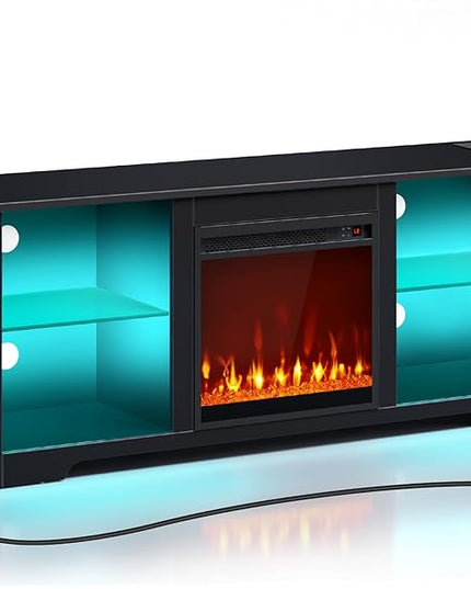 Rolanstar Fireplace TV Stand with Led Lights and Power Outlets, TV Stand for 45/50/55/60/65 inch TVs, Entertainment Center with Electric Fireplace, Modern TV Console with Glass Shelves, Glossy Black - LeafyLoom