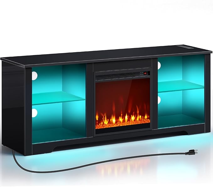 Rolanstar Fireplace TV Stand with Led Lights and Power Outlets, TV Stand for 45/50/55/60/65 inch TVs, Entertainment Center with Electric Fireplace, Modern TV Console with Glass Shelves, Glossy Black - LeafyLoom