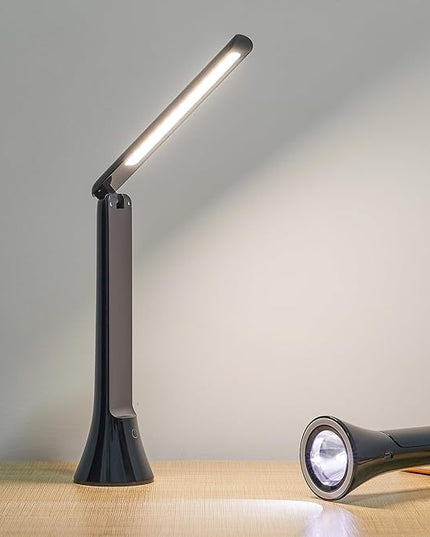 Rechargeable Desk Lamp, Foldable Portable Battery Operated Desk Lamp for Home Office, 2500mAh Cordless LED Desk Lamp with Flashlight Function, Eye Protection Study Lamp (Black) - LeafyLoom