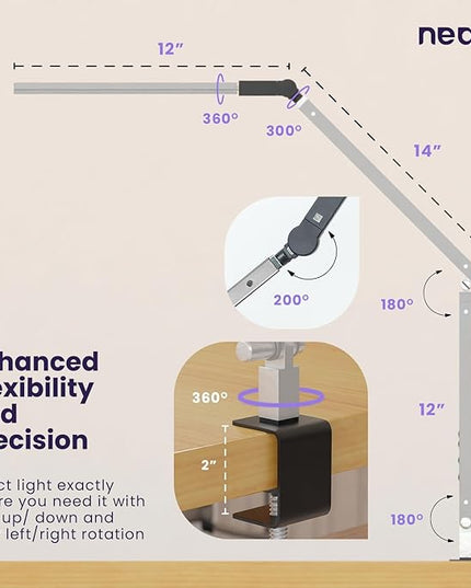 Neatfi LED Desk Lamp with Clamp, Touch & Remote Controlled, Stepless Dimming, 3 Color Modes, 3000-6000K, Detachable Shade, Flicker-Free, 360° Rotation, Wide Angle Lighting (Modern, Silver) - LeafyLoom