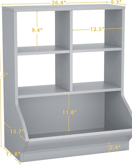 Aheaplus Toy Storage Organizer with Bookcase, 3 Cubby Bookshelf Toy Storage Cabinet, Open Multi-Bins Toys&Books Storage Display Organizer for Playroom, Bedroom, Nursery, School, Grey - LeafyLoom