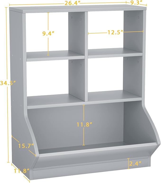 Aheaplus Toy Storage Organizer with Bookcase, 3 Cubby Bookshelf Toy Storage Cabinet, Open Multi-Bins Toys&Books Storage Display Organizer for Playroom, Bedroom, Nursery, School, Grey - LeafyLoom