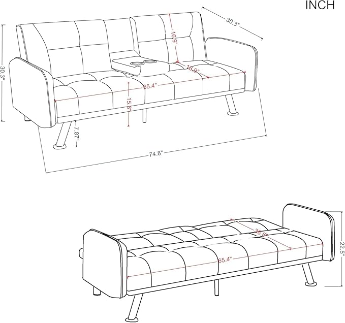 74.8" Living Room Furniture Sets Modern Tufted Loveseat Sofa Convertible Folding Futon Sleeper Couchbed with Cup Holder/Removable Armrests/Adjusting Backrest for Apartment,Office,Dark Grey Sofá - LeafyLoom