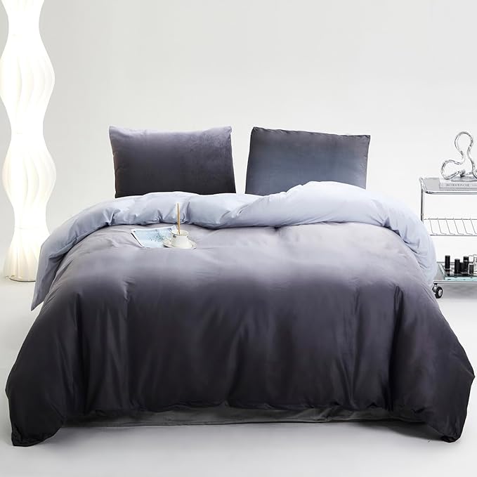 Gray White Gradient Comforter Set Cal King Gray Velvet Bedding Comforter Modern Plain White and Deep Gray Gradient Soft Quilt Farmhouse Flannel Comforter Warm California King Bed Comforter - LeafyLoom