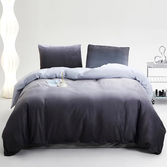 Gray White Gradient Comforter Set Queen Gray Velvet Bedding Comforter Modern Plain White and Deep Gray Gradient Soft Quilt Farmhouse Flannel Comforter Warm Queen Bed Comforter - LeafyLoom