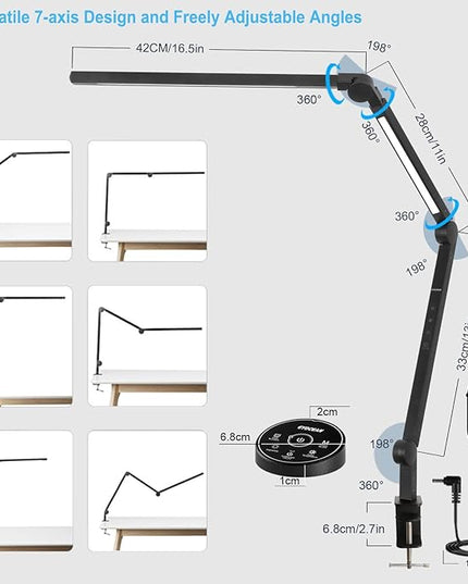 Desk Lamp, LED Desk Lamp with Clamp for Home Office, High Brightness Dimmable Desk Light, Adjustable Color Temperature Swing Arm Architect Lamp with Memory & Timing,Touch control Clamp Lamp - LeafyLoom
