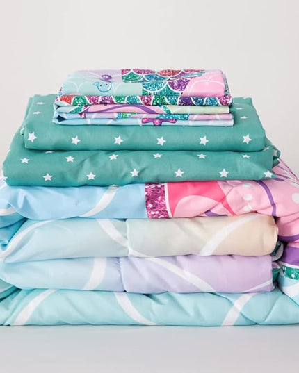 ADASMILE A & S 6 Pieces Mermaid Comforter Twin for Girls Kids Mermaid Bedding Fish Scale with Starfish Turtle Printed Bed in a Bag Comforter and Sheet Set Rainbow Mermaid Scale Bedding Home Decor - LeafyLoom