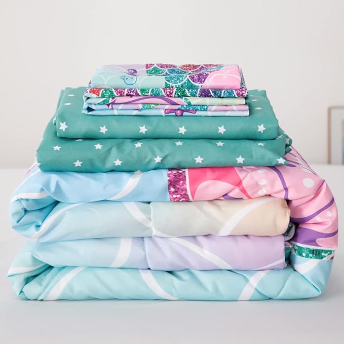 ADASMILE A & S 6 Pieces Mermaid Comforter Twin for Girls Kids Mermaid Bedding Fish Scale with Starfish Turtle Printed Bed in a Bag Comforter and Sheet Set Rainbow Mermaid Scale Bedding Home Decor - LeafyLoom