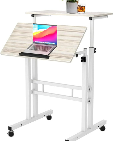 sogesfurniture Mobile Standing Desk Laptop Workstation on Wheels, Adjustable Computer Desk for Standing or Sitting, Maple 101-MP - LeafyLoom