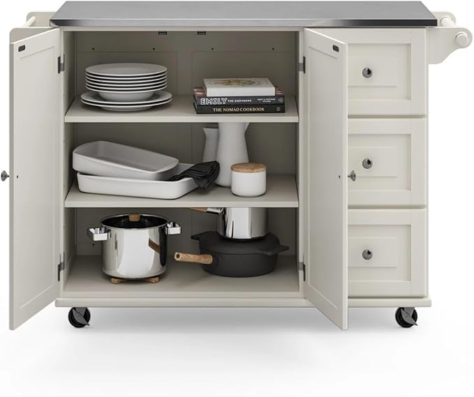 Homestyles Kitchen Cart with Stainless Steel Metal Top Rolling Mobile Kitchen Island with Storage and Towel Rack 54 Inch Width Off White - LeafyLoom