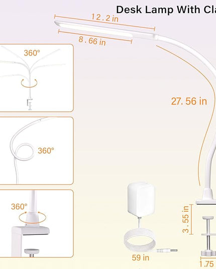LED Desk Lamp With Clamp, 10W Gooseneck Lamps Touch Control,Swing Arm Clamp Lamp, Architect Clamp Desk Lamp Dimmable,Nail Lamp for Desk Table (White) - LeafyLoom