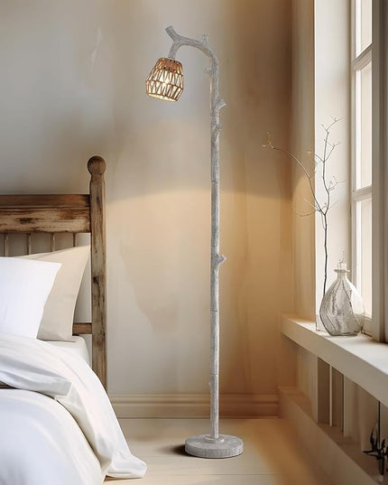 OYEARS Retro Farmhouse Rattan Floor Lamp for Living Room Rustic Standing Lamps Tree Trunk Deco Modern Country Vintage Wood Grain 64.25" Tall Corner Floor Lamp Bedroom Office - LeafyLoom