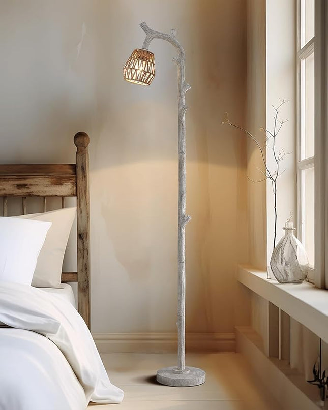 OYEARS Retro Farmhouse Rattan Floor Lamp for Living Room Rustic Standing Lamps Tree Trunk Deco Modern Country Vintage Wood Grain 64.25" Tall Corner Floor Lamp Bedroom Office - LeafyLoom