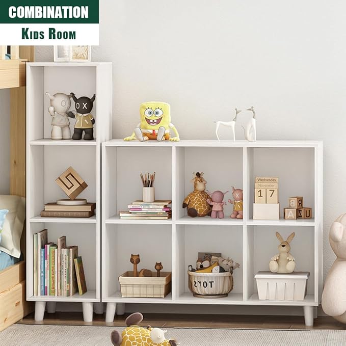 IOTXY Open Cube Low Bookcase - 3-Tier Freestanding Storage Display Cabinet Organizer with Legs for Home Office, 3-Cubes Open Shelf Short Bookshelf, White - LeafyLoom