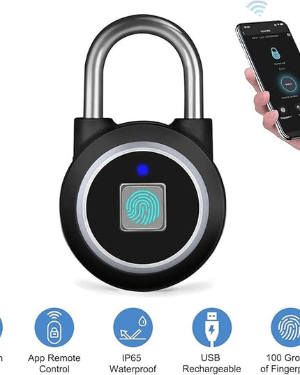 Fingerprint Padlock, Bluetooth Lock, Mobile APP, MEGAFEIS Smart Padlock with Keyless Biometric, Water Resistant, Suitable for Gym, Sports, Bike, School, Fence and Storage(Black) MEGAFEIS