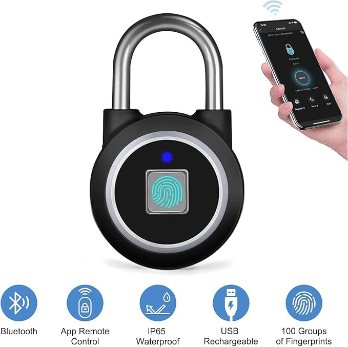Fingerprint Padlock, Bluetooth Lock, Mobile APP, MEGAFEIS Smart Padlock with Keyless Biometric, Water Resistant, Suitable for Gym, Sports, Bike, School, Fence and Storage(Black) MEGAFEIS