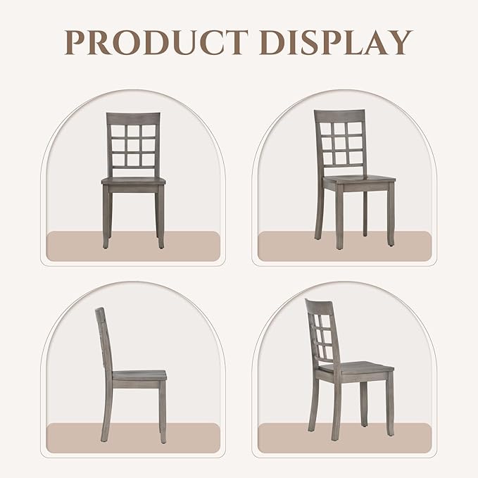 COLAMY Wooden Dining Chairs Set of 2, Nine-Square High Back Kitchen Side Chair, Farmhouse Dining Chairs for Kitchen and Dining Room, Light Grey - LeafyLoom