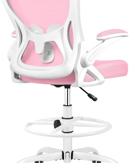 Drafting Chair, Tall Office Chair Ergonomic Standing Desk chair, Lumbar Support Computer Chair Swivel Task Rolling Chair with Adjustable Flip-up Armrests & Foot Ring (Pink) - LeafyLoom