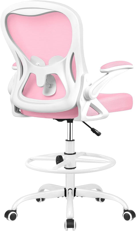 Drafting Chair, Tall Office Chair Ergonomic Standing Desk chair, Lumbar Support Computer Chair Swivel Task Rolling Chair with Adjustable Flip-up Armrests & Foot Ring (Pink) - LeafyLoom