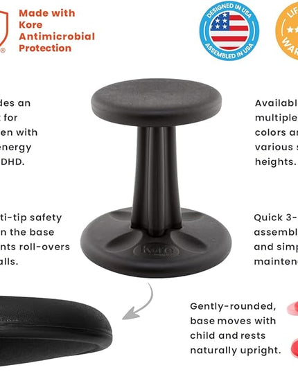 Kore Kids Wobble Chair - Flexible Seating Stool for Classroom & Elementary School, ADD/ADHD - Made in The USA - Age 6-7, Grade 1-2, Black (14in) - LeafyLoom