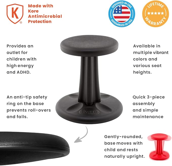 Kore Kids Wobble Chair - Flexible Seating Stool for Classroom & Elementary School, ADD/ADHD - Made in The USA - Age 6-7, Grade 1-2, Black (14in) - LeafyLoom