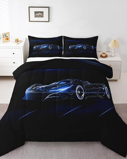 Feelyou Blue Race Car Bedding Set King Size for Kids Boys Extreme Sport Games Comforter Set Teens Toddler Fast and Furious Duvet Set Cool Modern Quilt Set 3Pcs - LeafyLoom
