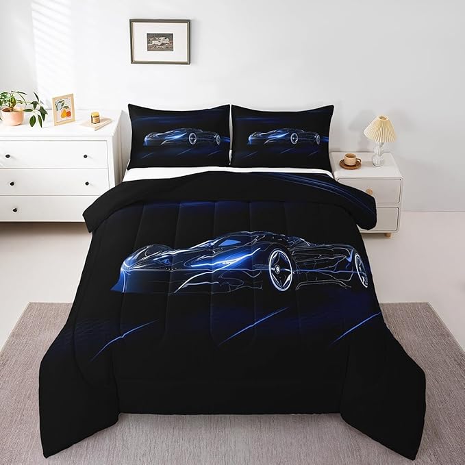 Feelyou Blue Race Car Bedding Set Twin Size for Kids Boys Extreme Sport Games Comforter Set Teens Toddler Fast and Furious Duvet Set Cool Modern Quilt Set 2Pcs - LeafyLoom