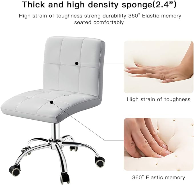 360° Office Desk Chair,PU Adjustable Rolling Task Chair with Backrest for Barber,Office,Home, Computer,360° Swivel,Armless (white) - LeafyLoom