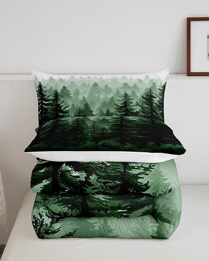 Feelyou Fog Forest Comforter Botanical Pine Trees Comforter Set for Boys Girls Children Watercolor Style Green Comforter Set Room Decor Twin Size Duvet Set 2Pcs - LeafyLoom