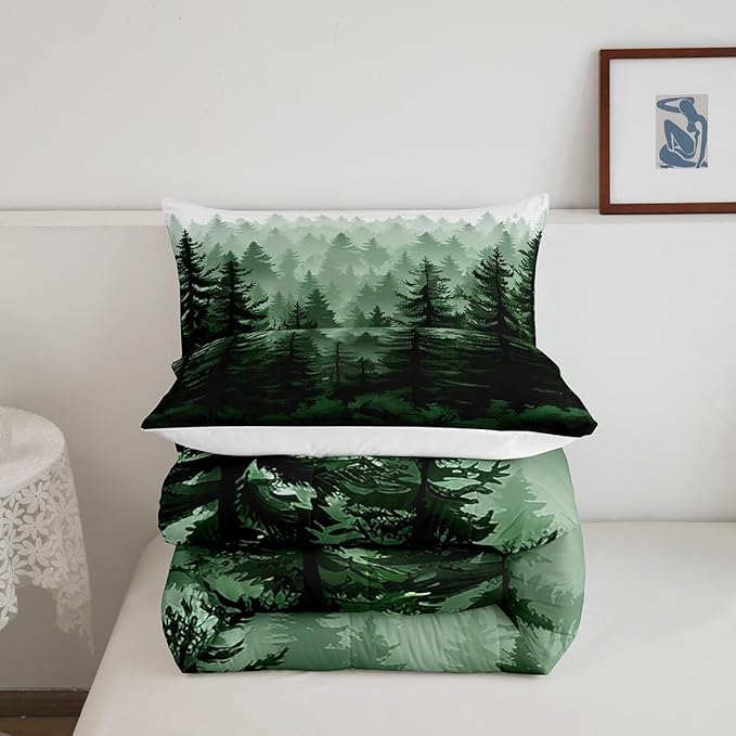 Feelyou Fog Forest Comforter Botanical Pine Trees Comforter Set for Boys Girls Children Watercolor Style Green Comforter Set Room Decor Twin Size Duvet Set 2Pcs - LeafyLoom